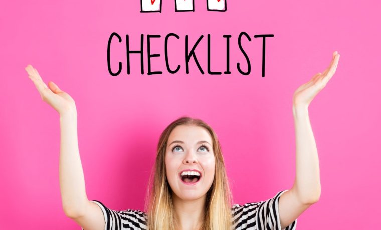Checklist concept with young woman reaching and looking upwards